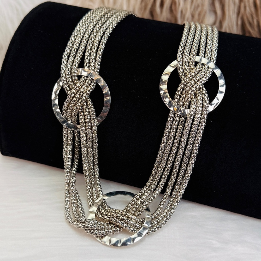 Silvertone Multi Strand Chain Lightweight Hammered Ring Statement Necklace